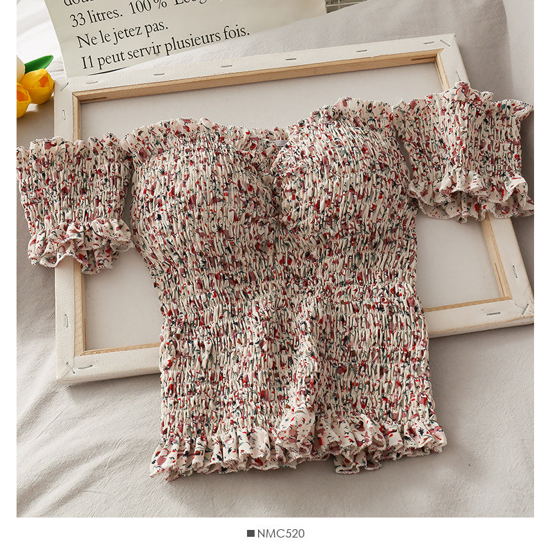 Shirt Floral Small Fresh Wooden Ears Retro Wrinkled Shoulder Tops Female Word New Slim Short Shirt