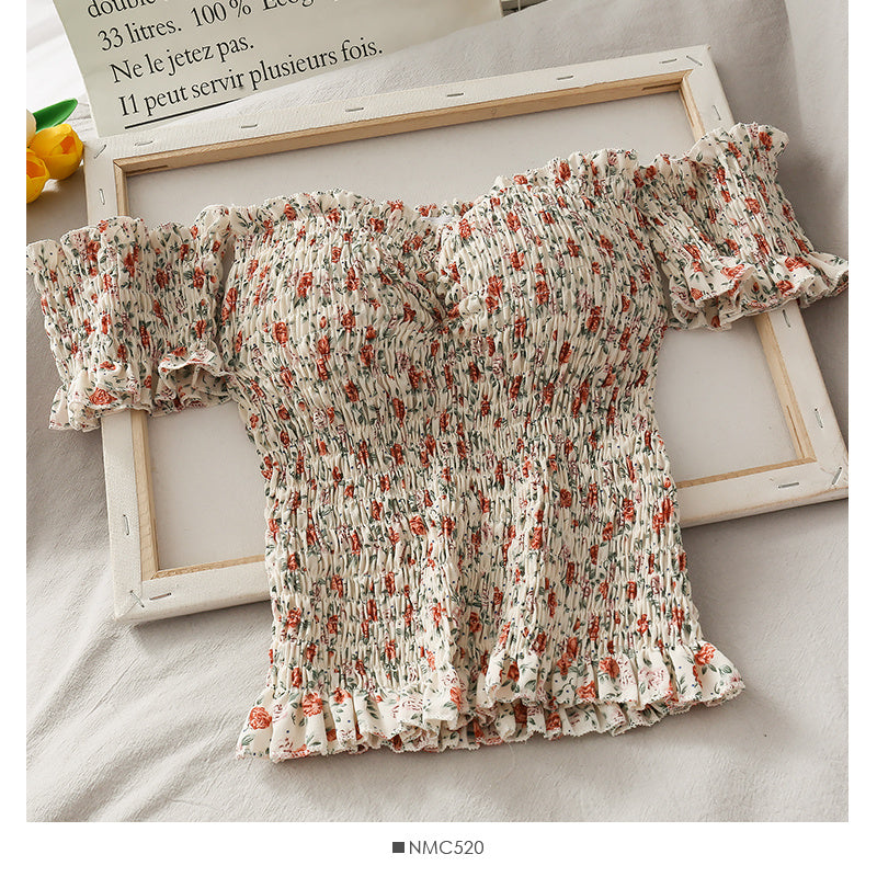 Shirt Floral Small Fresh Wooden Ears Retro Wrinkled Shoulder Tops Female Word New Slim Short Shirt
