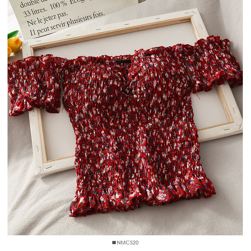 Shirt Floral Small Fresh Wooden Ears Retro Wrinkled Shoulder Tops Female Word New Slim Short Shirt