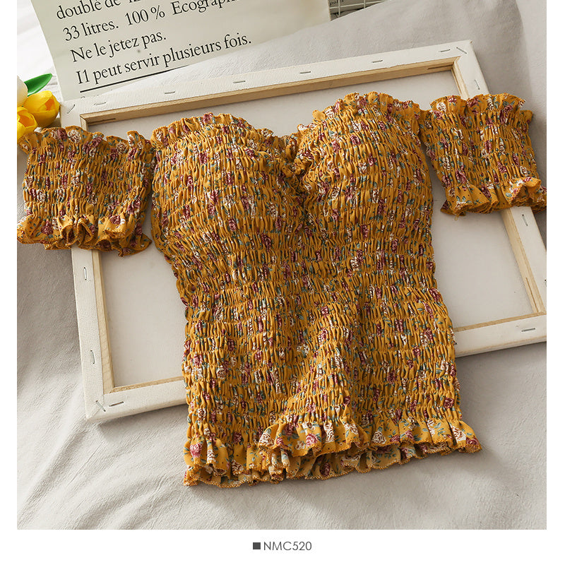 Shirt Floral Small Fresh Wooden Ears Retro Wrinkled Shoulder Tops Female Word New Slim Short Shirt