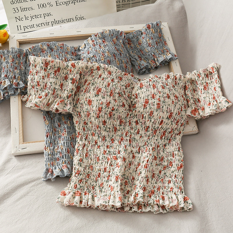 Shirt Floral Small Fresh Wooden Ears Retro Wrinkled Shoulder Tops Female Word New Slim Short Shirt