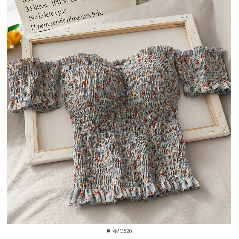 Shirt Floral Small Fresh Wooden Ears Retro Wrinkled Shoulder Tops Female Word New Slim Short Shirt