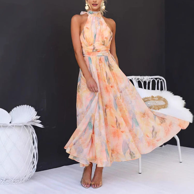 Women's Clothing Vacation Style Sleeveless Printed Backless Dress