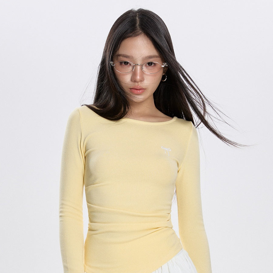 Early Spring Round Neck Pleated All-match Long-sleeved T-shirt