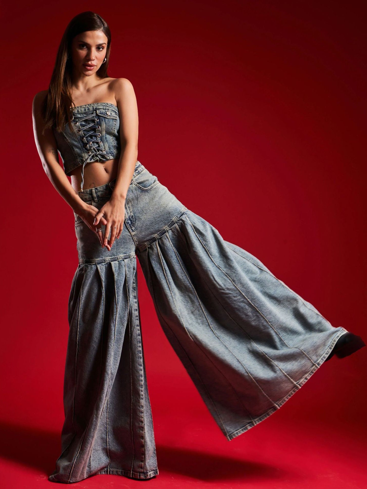 Strapless Denim Corset Crop Top & High - Waisted Pleated Wide - Leg Pants Set