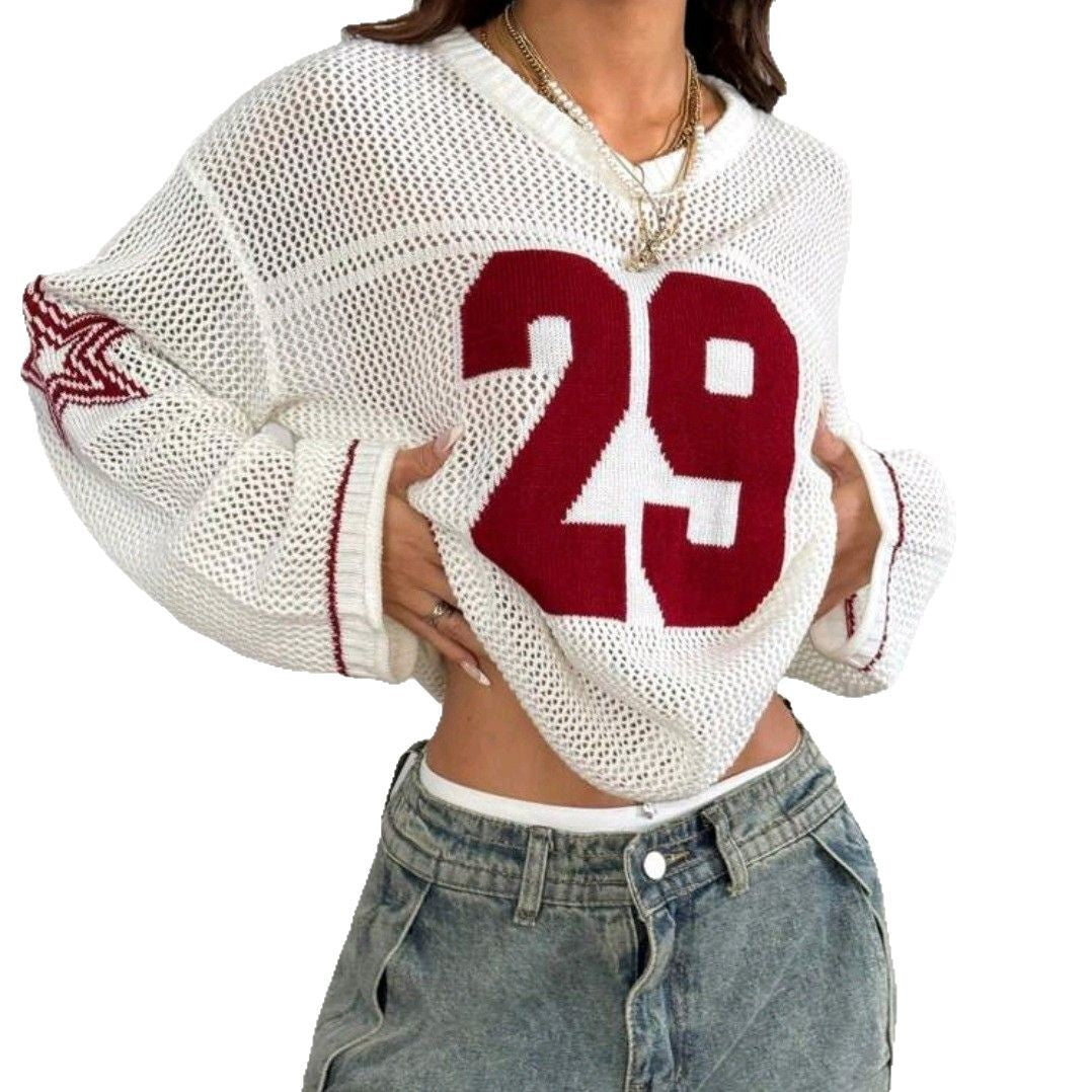 New Women's Knitted Striped Digital Print Blouse