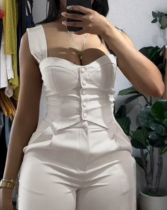 Apricot Sling Short Tight Vest Suit High Waist Wide Leg Trousers