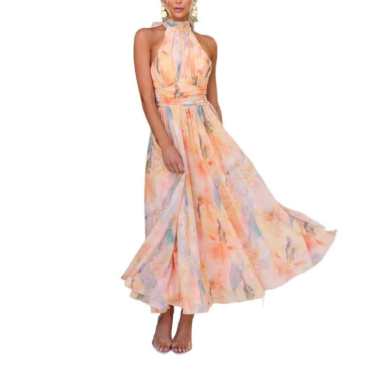 Women's Clothing Vacation Style Sleeveless Printed Backless Dress