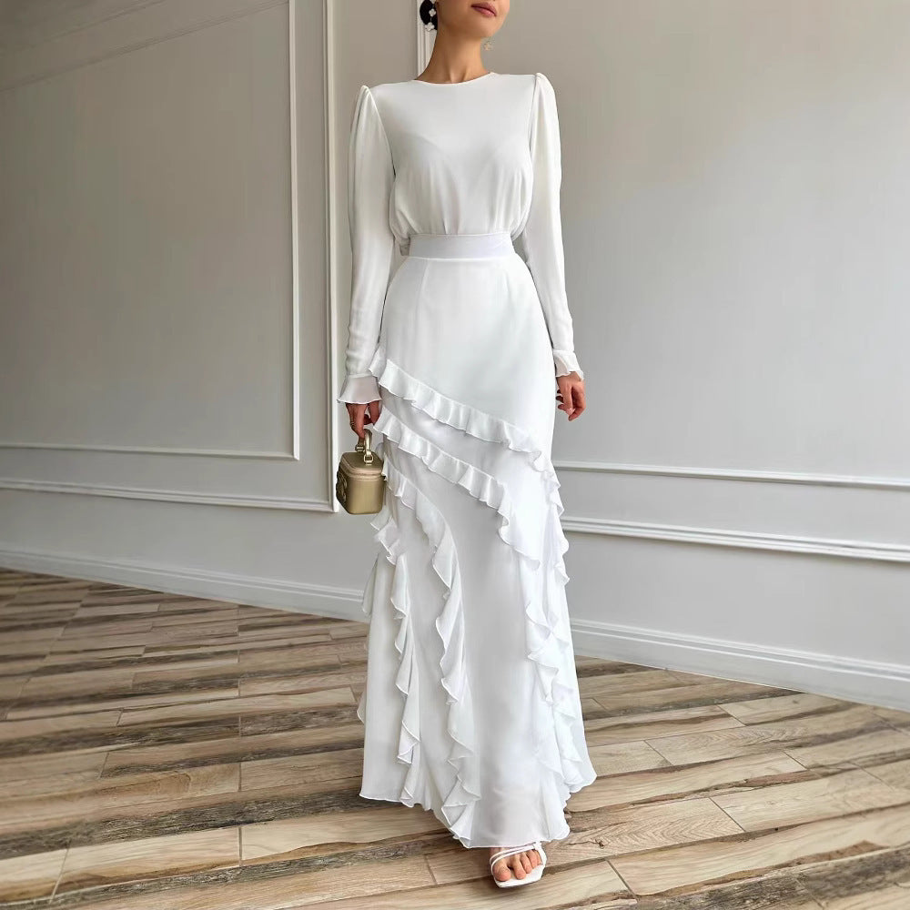 Three-dimensional Ruffled Slim Fit Long Dress Two-piece Set