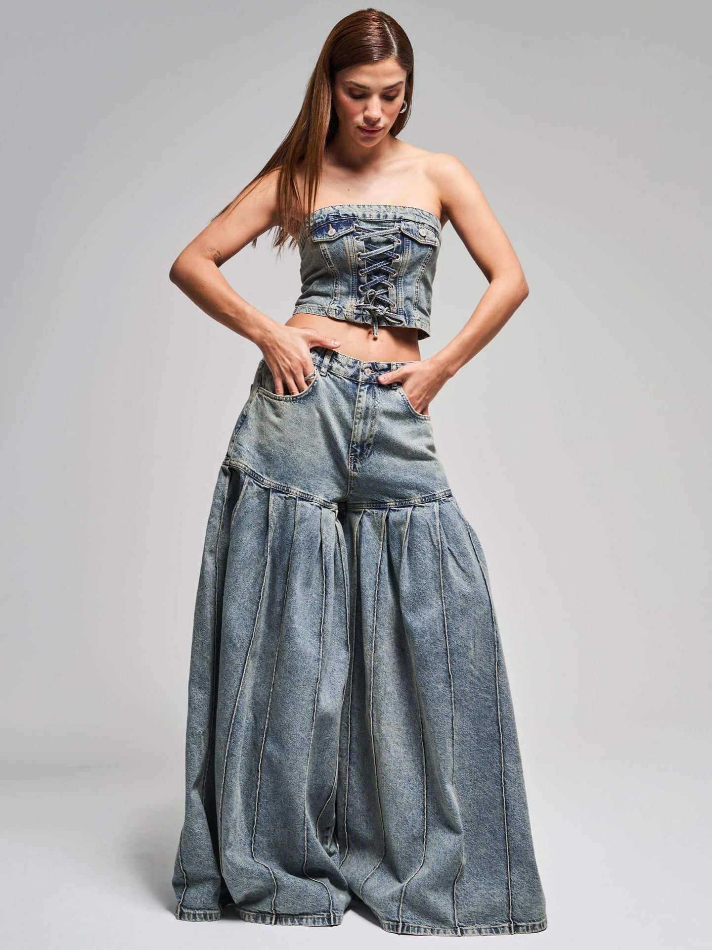 Strapless Denim Corset Crop Top & High - Waisted Pleated Wide - Leg Pants Set