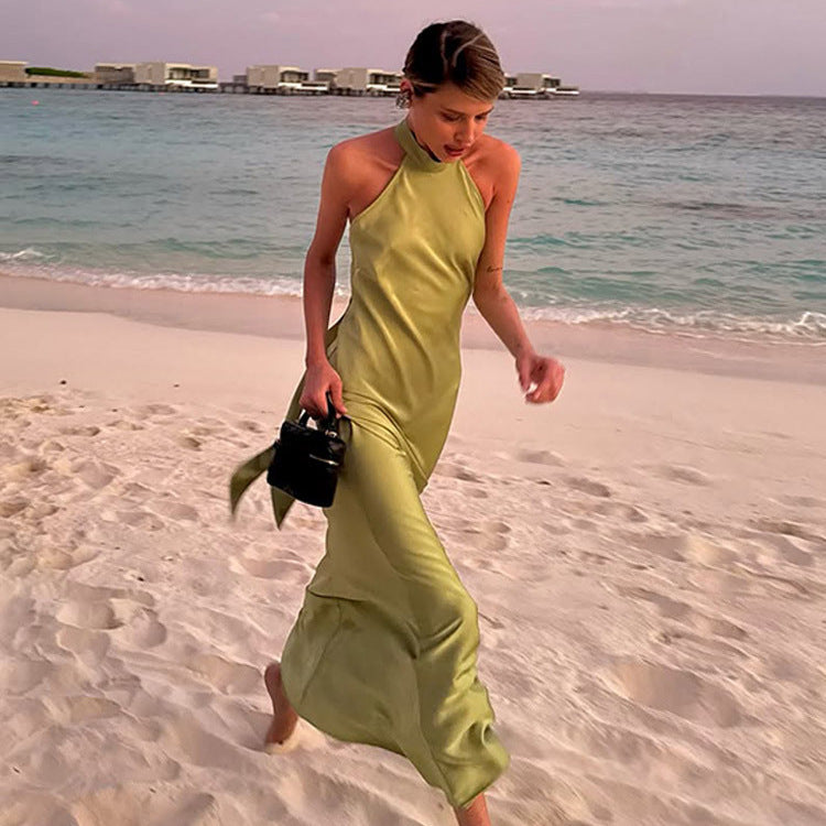 Fashion Halter Lace-up Solid Color Dress