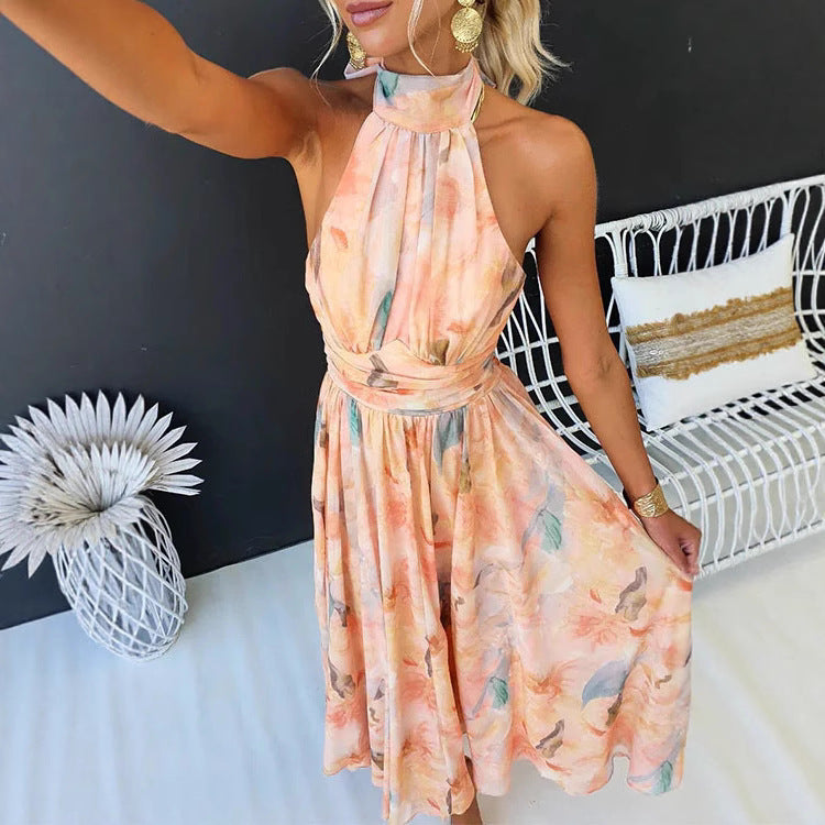 Women's Clothing Vacation Style Sleeveless Printed Backless Dress