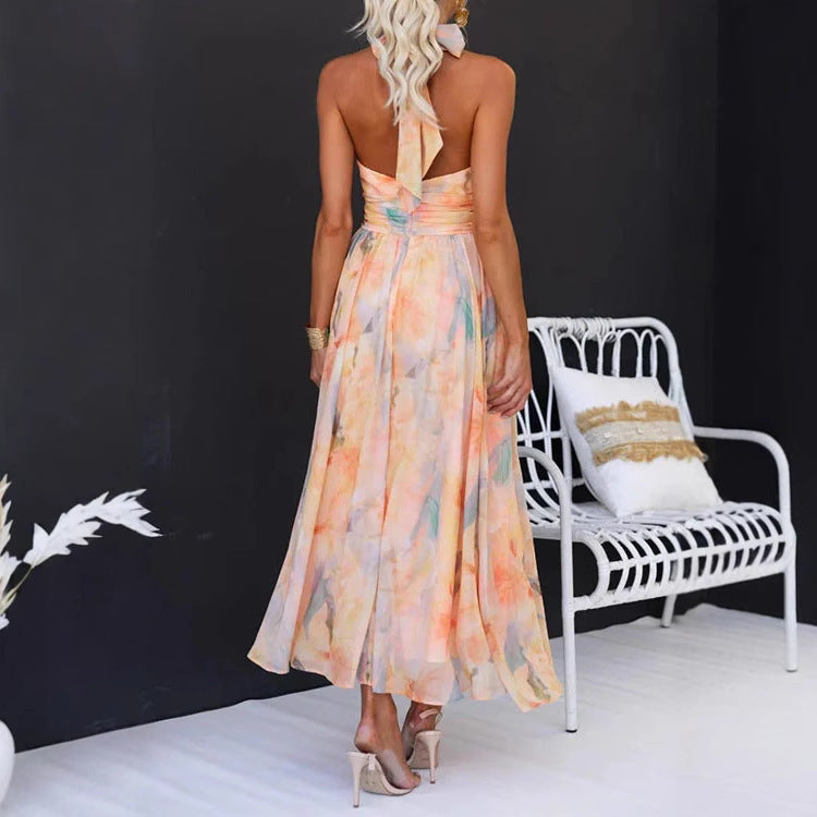 Women's Clothing Vacation Style Sleeveless Printed Backless Dress