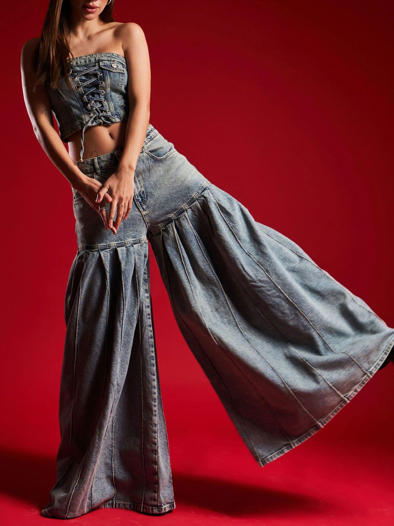 Strapless Denim Corset Crop Top & High - Waisted Pleated Wide - Leg Pants Set