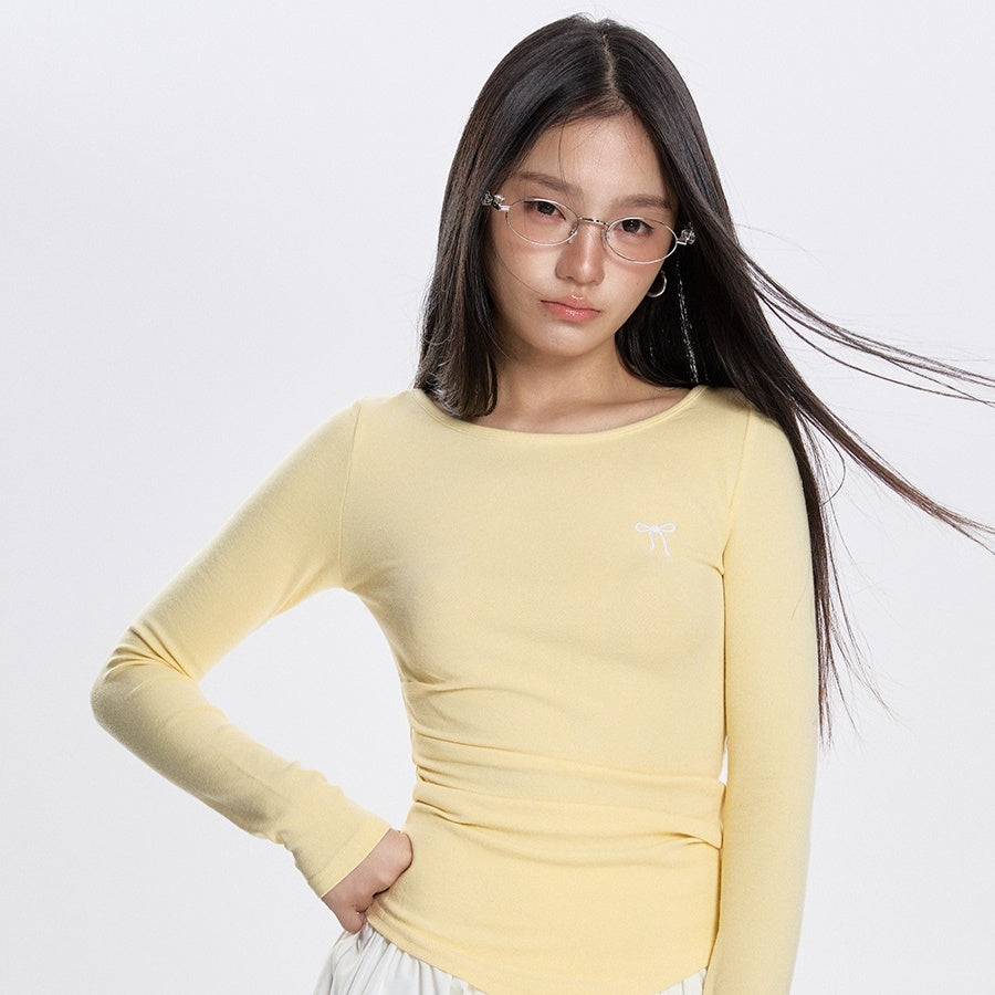 Early Spring Round Neck Pleated All-match Long-sleeved T-shirt