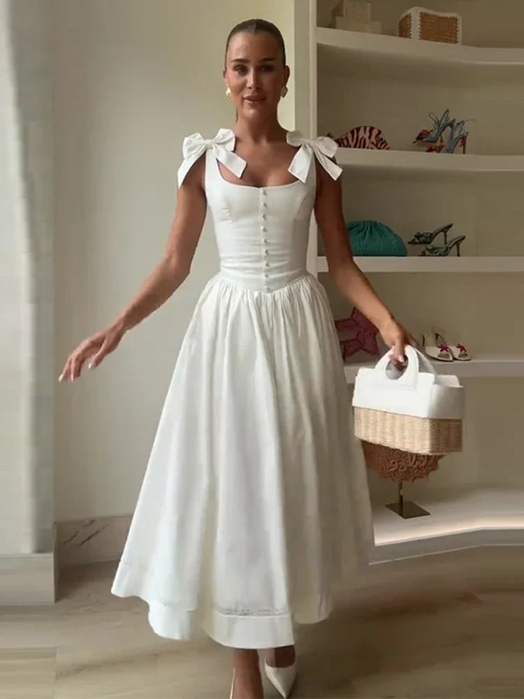 Fashion Woman Solid Bow A-line Dresses Ankle-length Sleeveless Backless Elegant Robes Swish Evening Party Bandage Slim Vestido