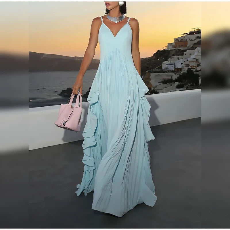 Women Blue V-neck Spaghetti Strap Dress Solid Elegant Sleeveless Waist Slimming Ruffle Edge Gowns Holiday Evening Dresses 2025