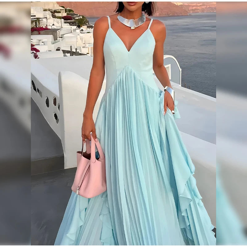 Women Blue V-neck Spaghetti Strap Dress Solid Elegant Sleeveless Waist Slimming Ruffle Edge Gowns Holiday Evening Dresses 2025
