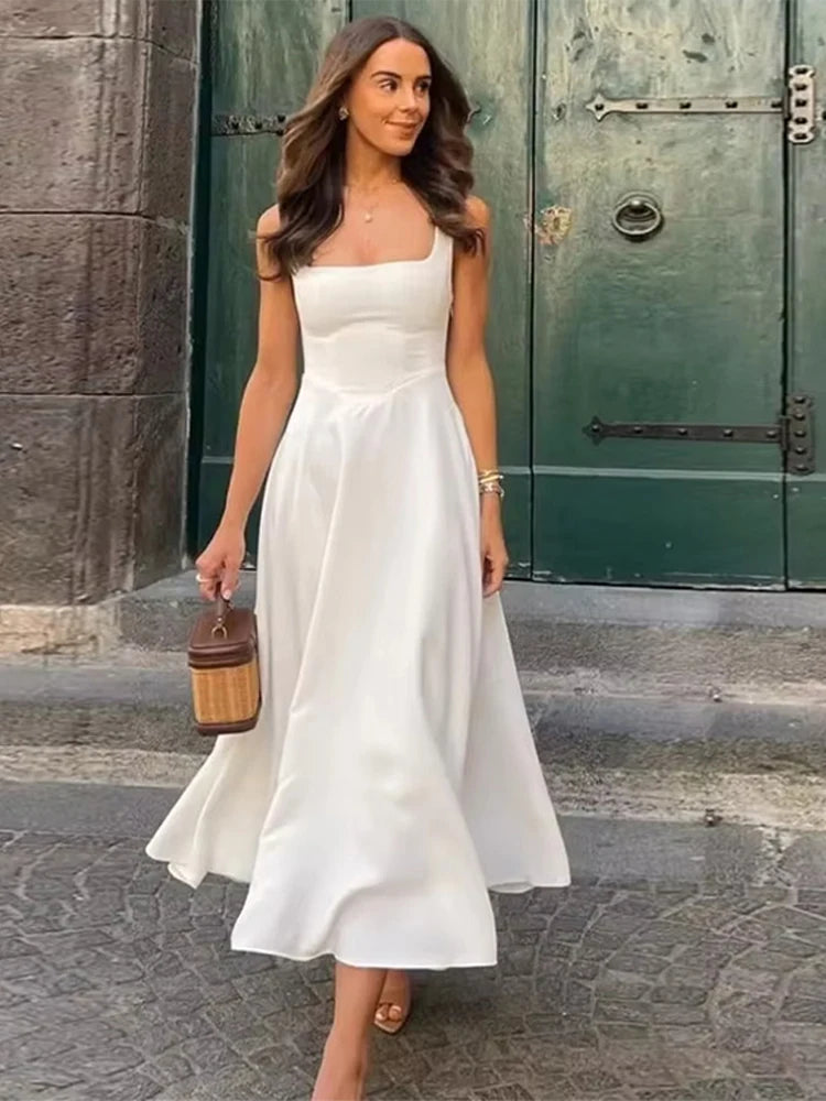Elegant Square Neck Midi Dress For Women Summer Sleeveless High Waist Party Wedding Dress Female Chic Holiday Evening Vestidos