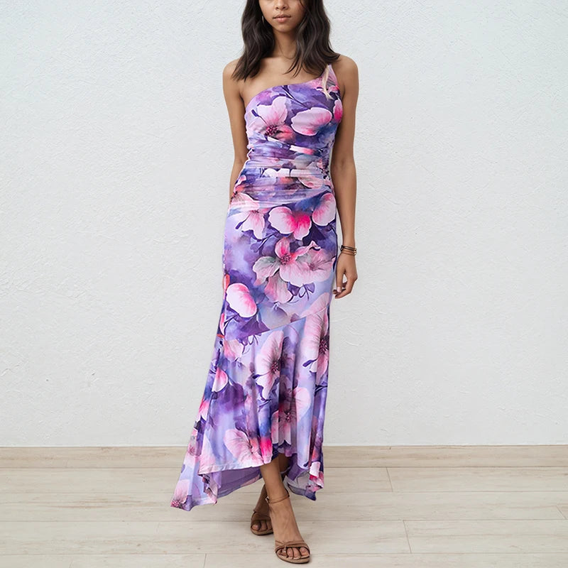 DEAT 2025 Summer New Asymmetric Shoulder Print Contrast Color Dresses For Women Beach Vacation Style Dress Female 33A4229