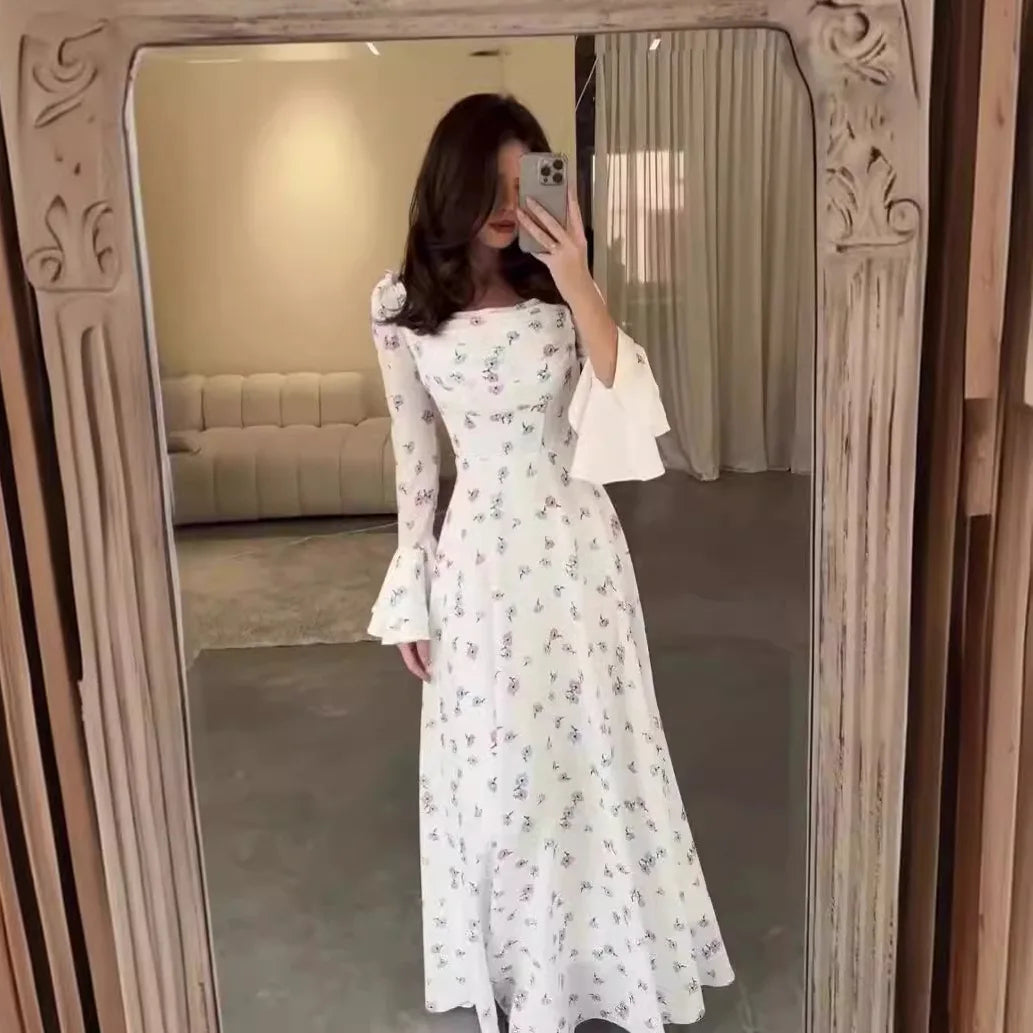 Elegant Women Long Dress Women 2025 Summer Floral Printed Long Sleeved Flare Sleeves Fashion Slim Fit Female Dresses Casual