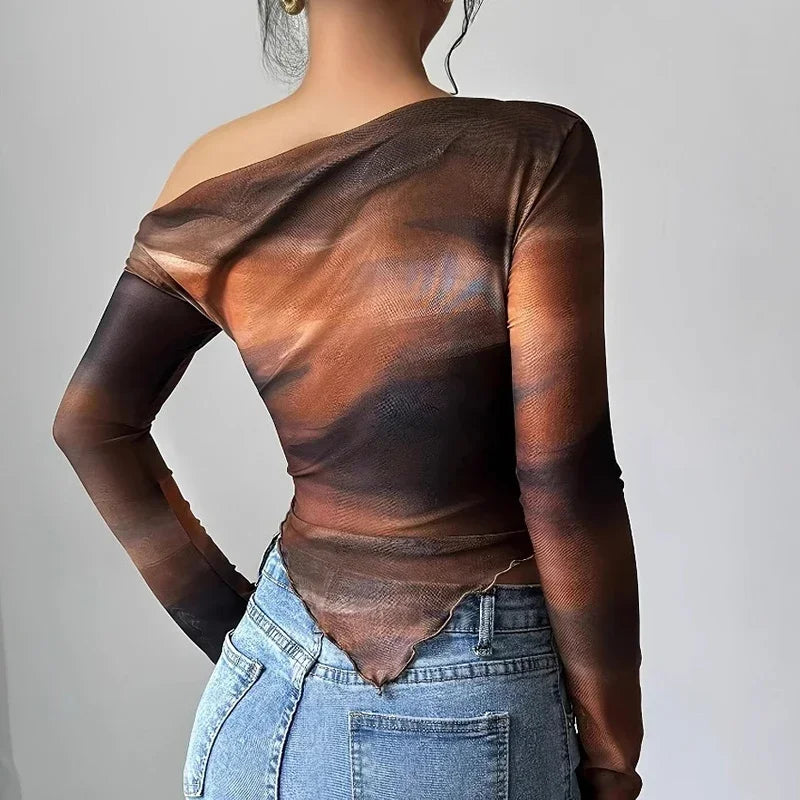 Sexy Long Sleeve T Shirt Women Slash Neck Printed Short Tops Female Elegant Slim Tee Women T-Shirts Spring Summer Shirt