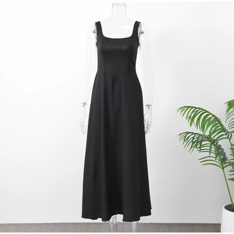 Black A-line Women's Long Dress Elegant Square Neck Pleated Sleeveless Sling Maxi Dresses 2025 Summer Lady Vacation Party Robes