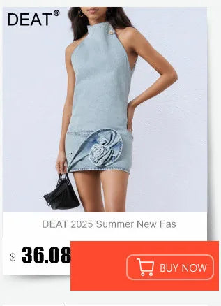 DEAT 2025 Summer New Asymmetric Shoulder Print Contrast Color Dresses For Women Beach Vacation Style Dress Female 33A4229