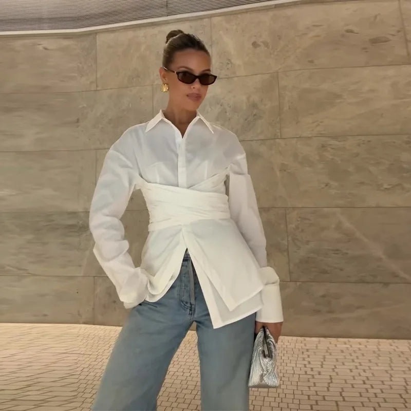 Fashion Design White Shirt Women Long Sleeve Lapel Streetwear Blouse Casual Y2k Harajuku Irregular Spring Tops 2025
