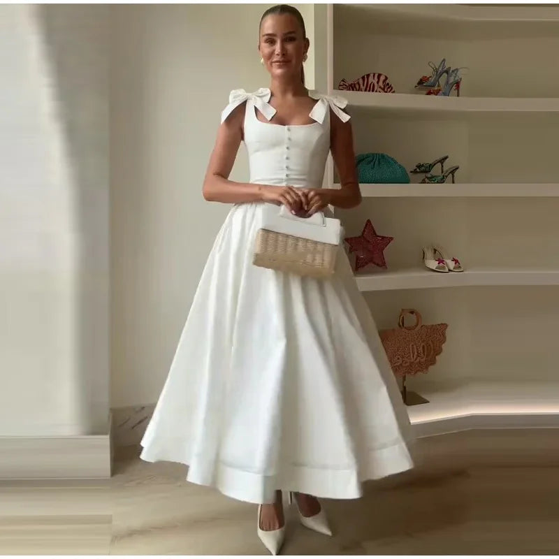 Fashion Woman Solid Bow A-line Dresses Ankle-length Sleeveless Backless Elegant Robes Swish Evening Party Bandage Slim Vestido