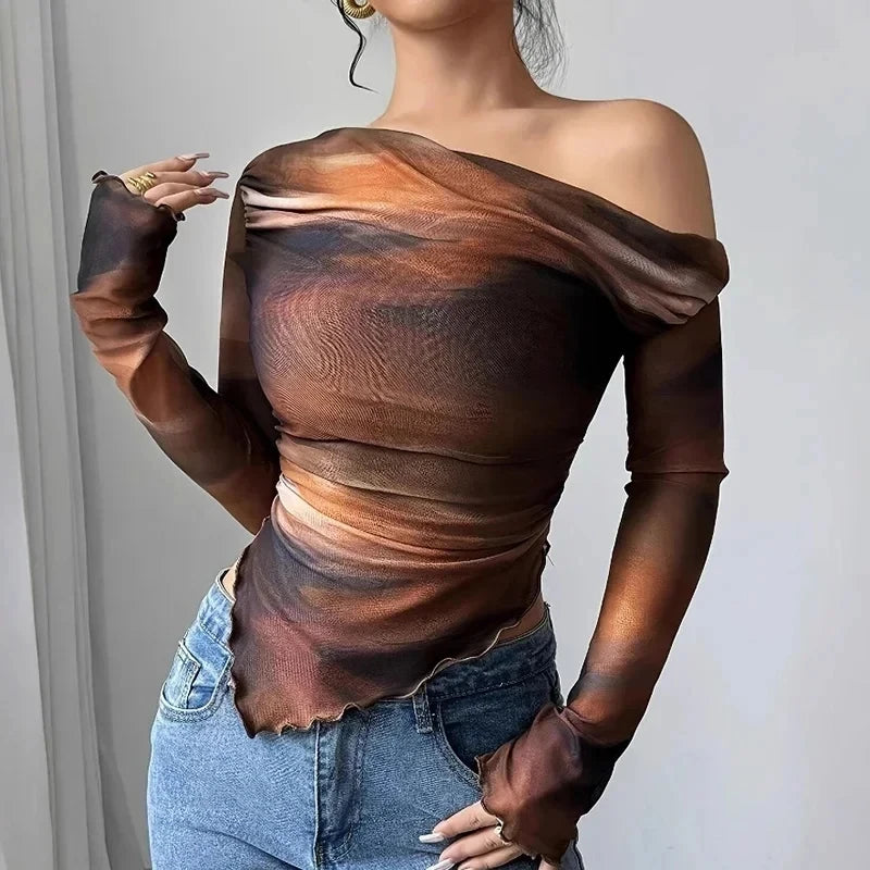 Sexy Long Sleeve T Shirt Women Slash Neck Printed Short Tops Female Elegant Slim Tee Women T-Shirts Spring Summer Shirt