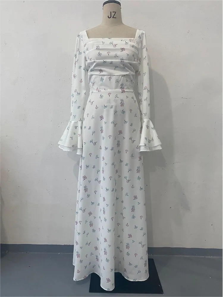 Elegant Women Long Dress Women 2025 Summer Floral Printed Long Sleeved Flare Sleeves Fashion Slim Fit Female Dresses Casual