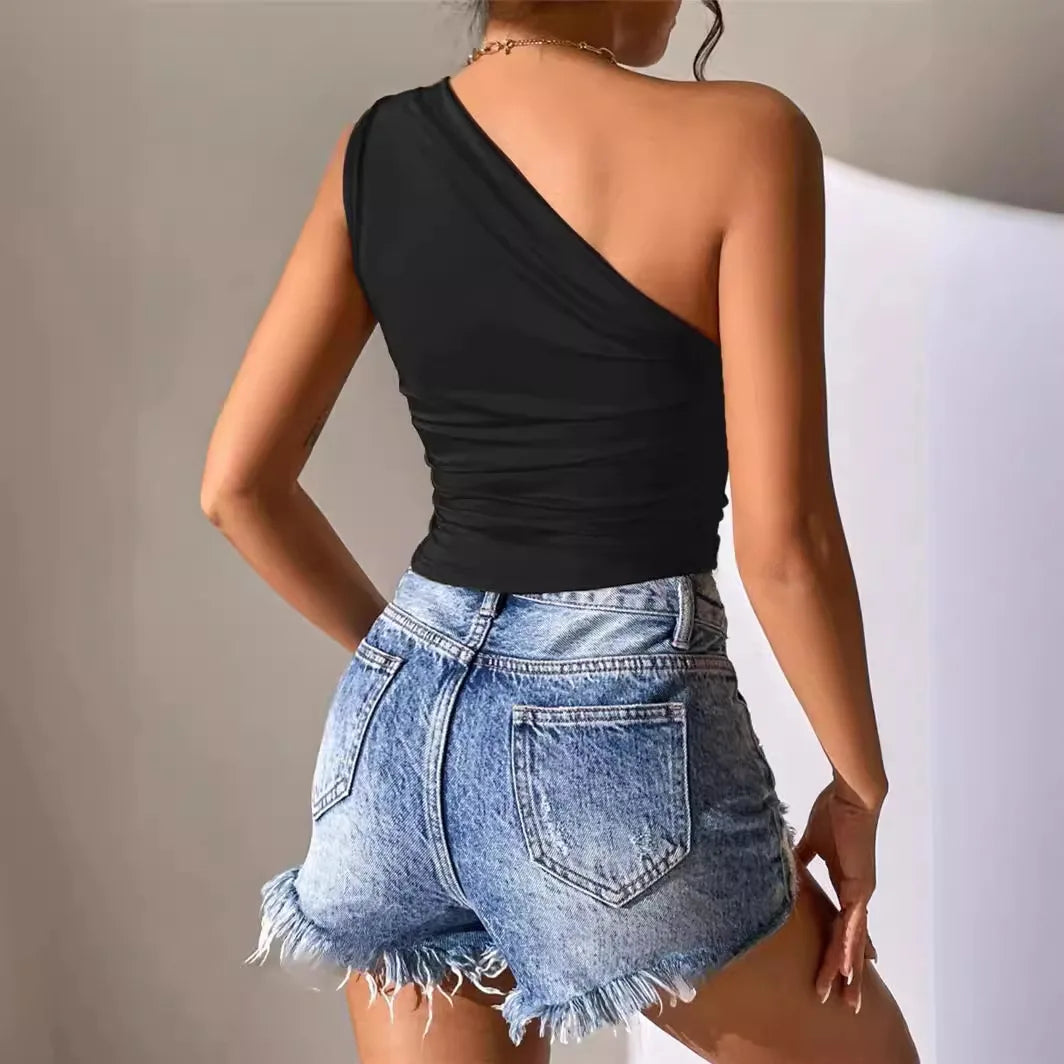 Sexy One Shoulder Ruched Asymmetrical Hem Top Women Summer Casual Solid Color Pleated Sleeveless Tee Top Streetwear Y2K