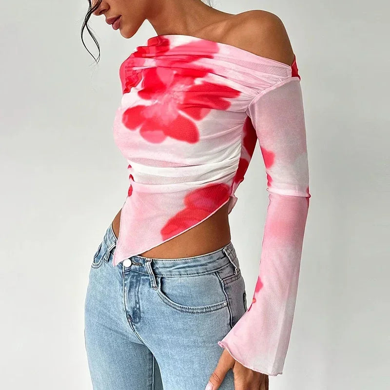 Sexy Long Sleeve T Shirt Women Slash Neck Printed Short Tops Female Elegant Slim Tee Women T-Shirts Spring Summer Shirt