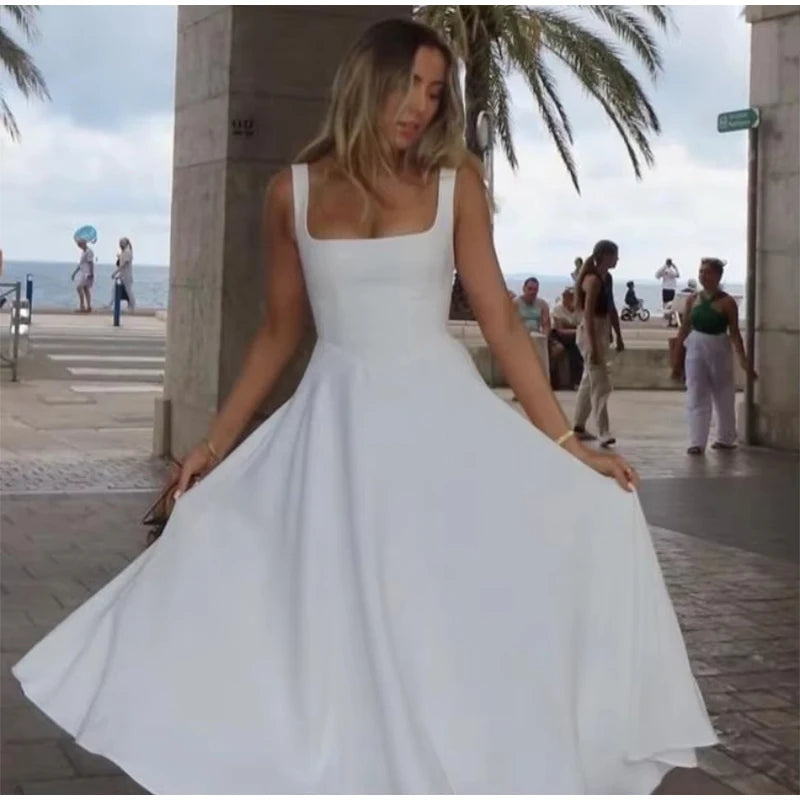 Elegant Square Neck Midi Dress For Women Summer Sleeveless High Waist Party Wedding Dress Female Chic Holiday Evening Vestidos