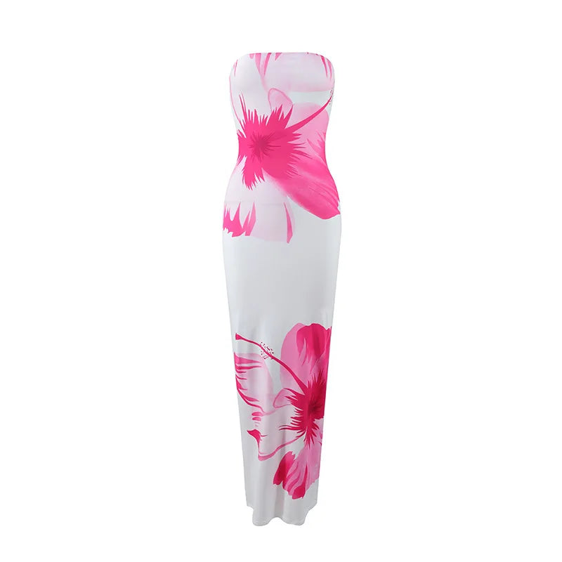 Summer 2025 New Fashion Temperament Sexy Strapless Slim Holiday Long Dress Elegant Backless Printing Sleeveless Dress