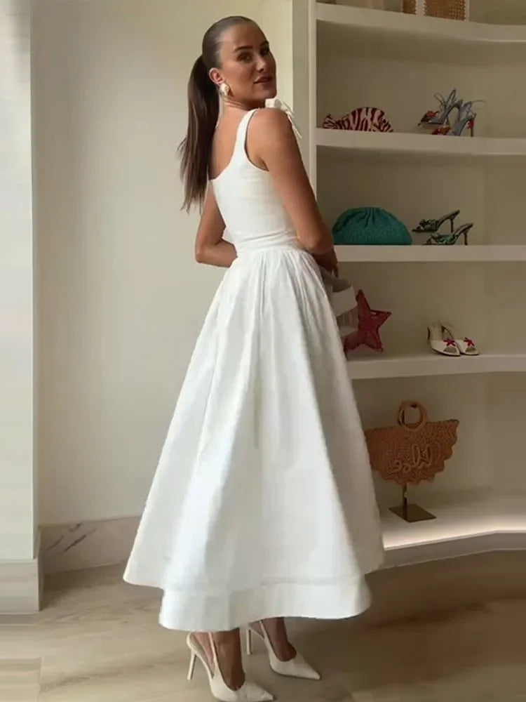 Fashion Woman Solid Bow A-line Dresses Ankle-length Sleeveless Backless Elegant Robes Swish Evening Party Bandage Slim Vestido