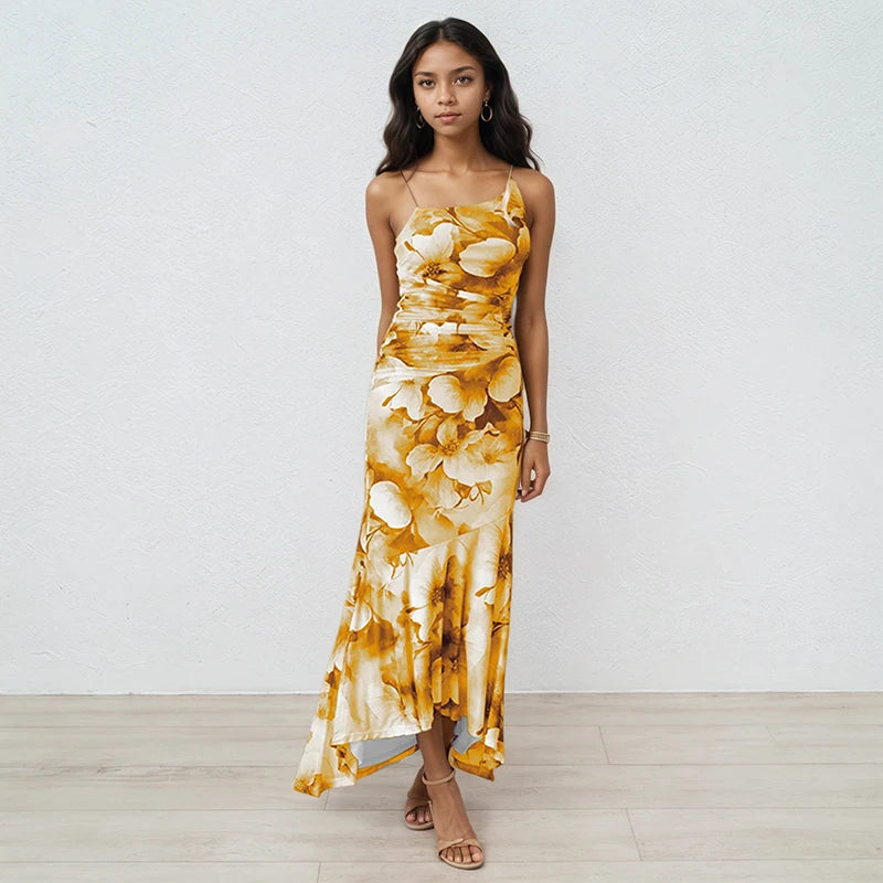 DEAT 2025 Summer New Asymmetric Shoulder Print Contrast Color Dresses For Women Beach Vacation Style Dress Female 33A4229