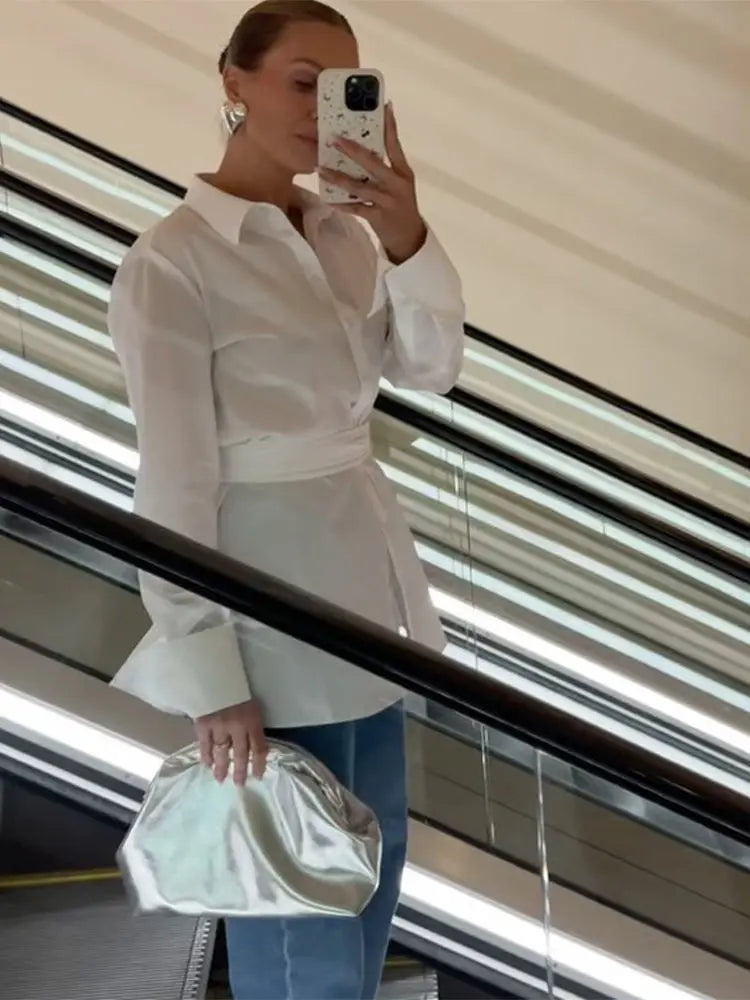 Fashion Design White Shirt Women Long Sleeve Lapel Streetwear Blouse Casual Y2k Harajuku Irregular Spring Tops 2025