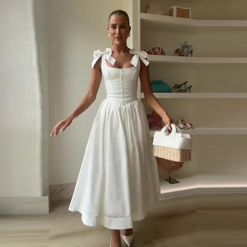 Fashion Woman Solid Bow A-line Dresses Ankle-length Sleeveless Backless Elegant Robes Swish Evening Party Bandage Slim Vestido