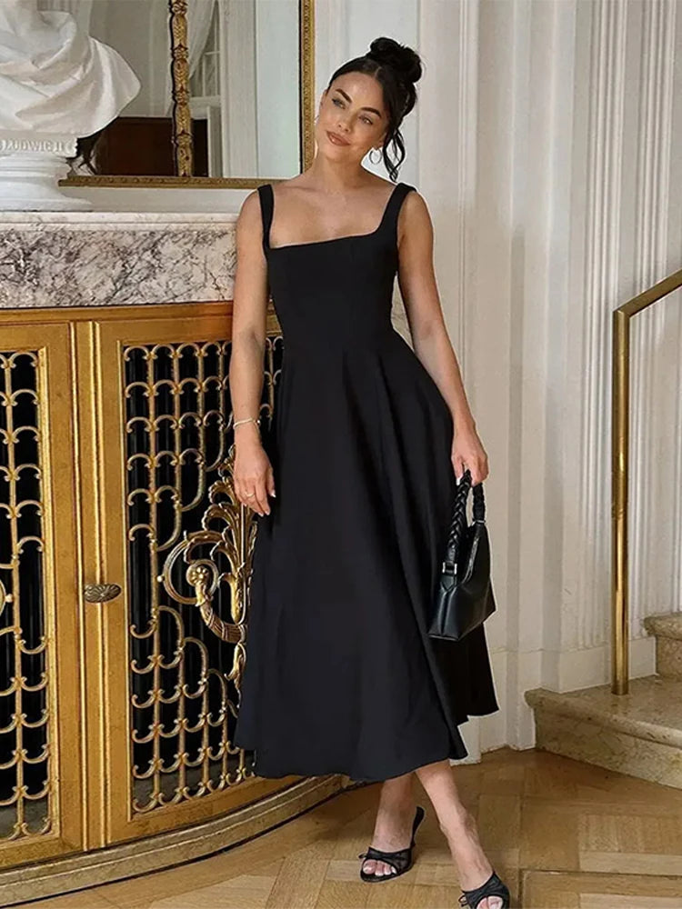 Elegant Square Neck Midi Dress For Women Summer Sleeveless High Waist Party Wedding Dress Female Chic Holiday Evening Vestidos
