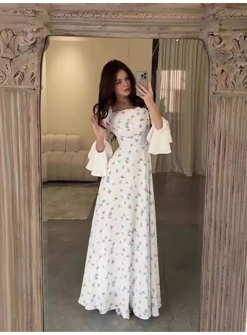 Elegant Women Long Dress Women 2025 Summer Floral Printed Long Sleeved Flare Sleeves Fashion Slim Fit Female Dresses Casual
