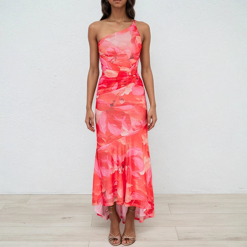 DEAT 2025 Summer New Asymmetric Shoulder Print Contrast Color Dresses For Women Beach Vacation Style Dress Female 33A4229