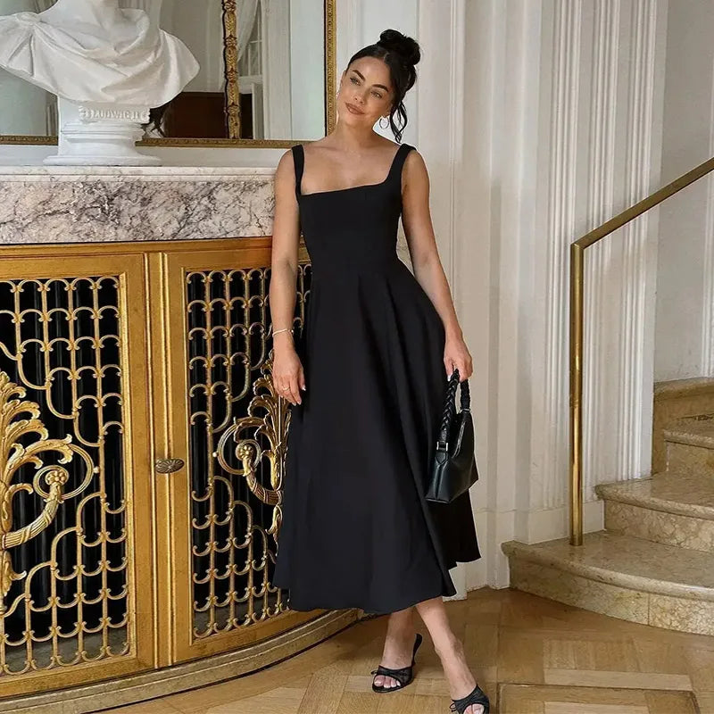 Elegant Square Neck Midi Dress For Women Summer Sleeveless High Waist Party Wedding Dress Female Chic Holiday Evening Vestidos