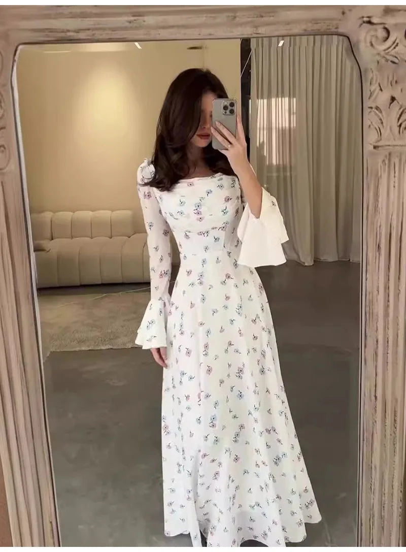 Elegant Women Long Dress Women 2025 Summer Floral Printed Long Sleeved Flare Sleeves Fashion Slim Fit Female Dresses Casual