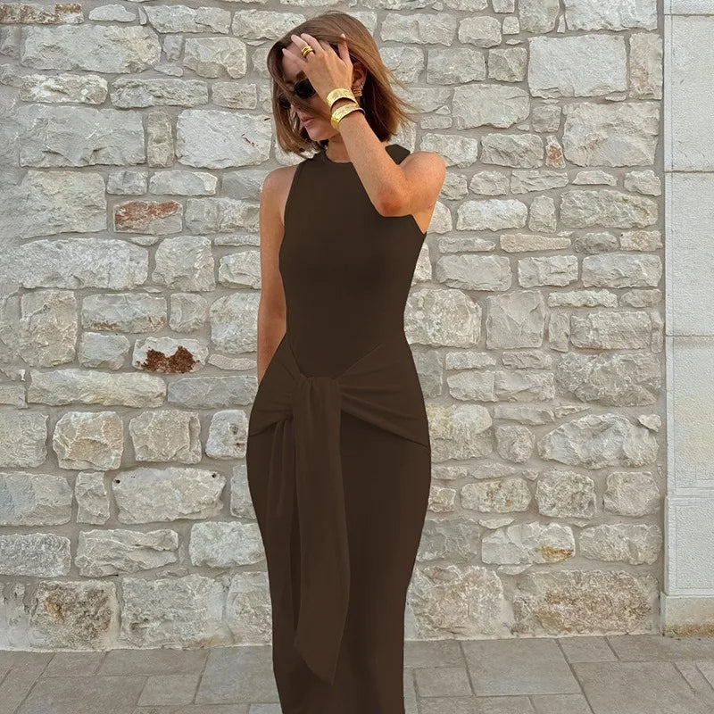 Tuularose Fashion Bandage Maxi Dress Women Elegant Pleated Patchwork Slit Dress Solid Sleeveless Office Lady Tank Top Dress Robe