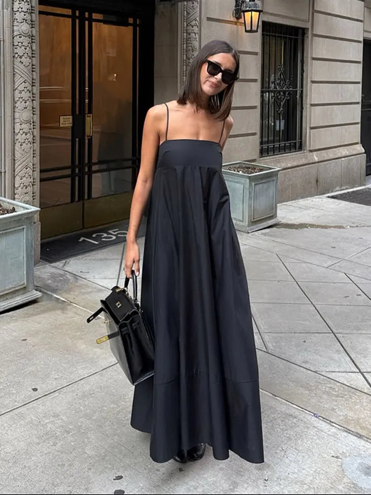 Black A-line Women's Long Dress Elegant Square Neck Pleated Sleeveless Sling Maxi Dresses 2025 Summer Lady Vacation Party Robes