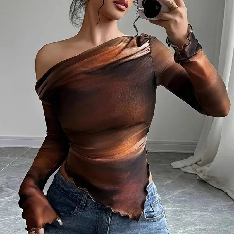Sexy Long Sleeve T Shirt Women Slash Neck Printed Short Tops Female Elegant Slim Tee Women T-Shirts Spring Summer Shirt