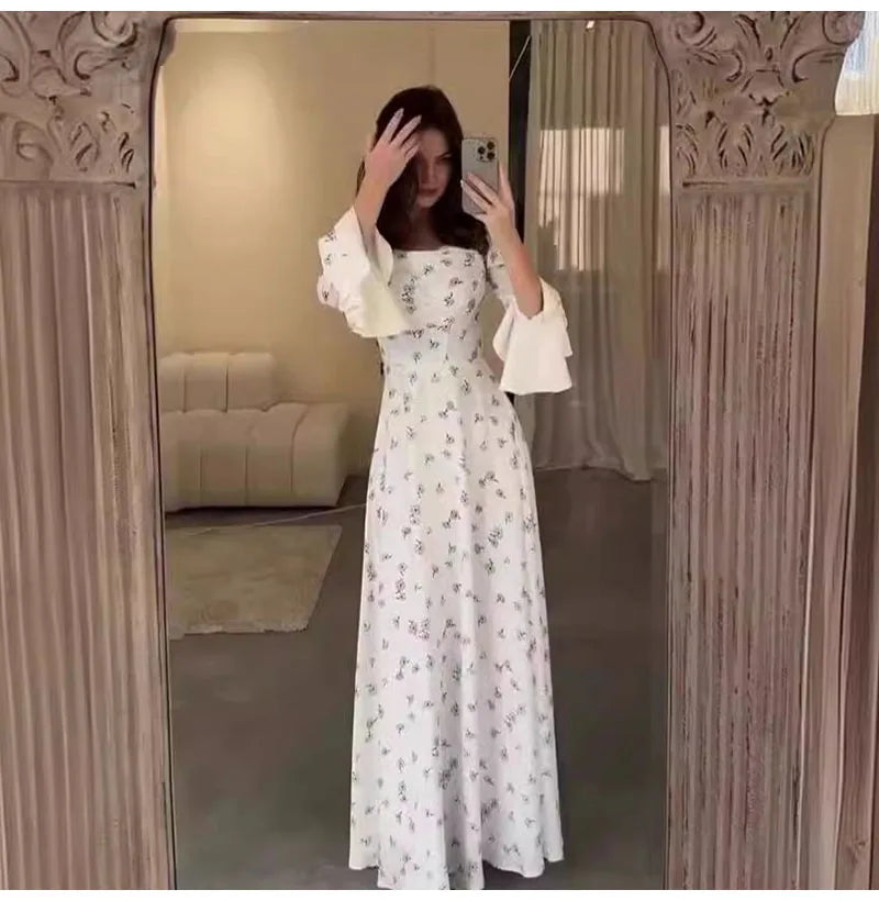 Elegant Women Long Dress Women 2025 Summer Floral Printed Long Sleeved Flare Sleeves Fashion Slim Fit Female Dresses Casual