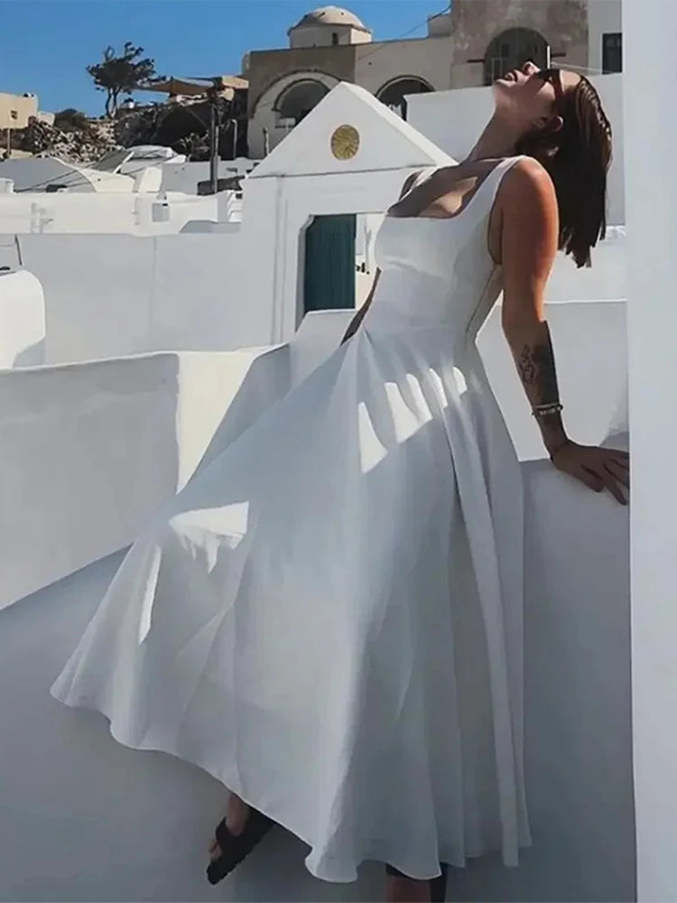 Elegant Square Neck Midi Dress For Women Summer Sleeveless High Waist Party Wedding Dress Female Chic Holiday Evening Vestidos